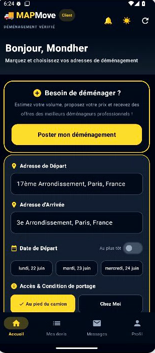 Écran d’accueil de l’application MAPmove